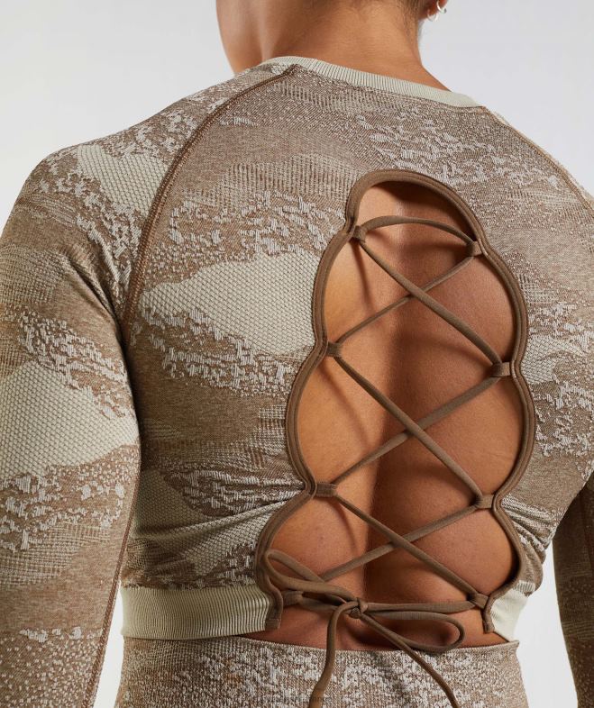 Gymshark Adapt Camo - Haut sans couture à lacets dans le dos gris galet/marron âme femmes 6HF28458