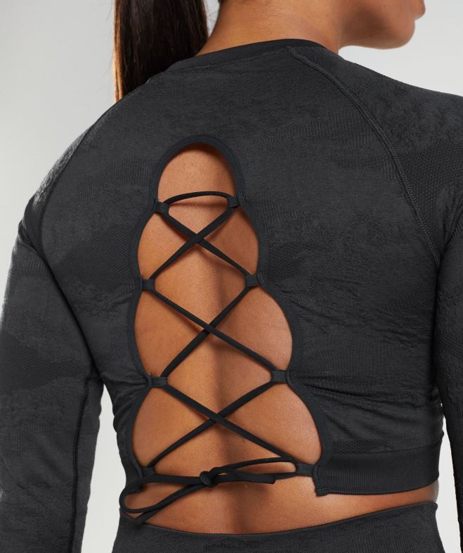 Gymshark Adapt Camo - Haut sans couture à lacets dans le dos noir/gris onyx femmes 6HF28451