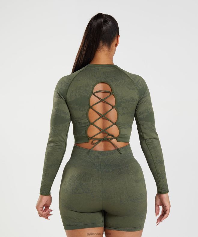 Gymshark Adapt Camo - Haut sans couture à lacets dans le dos olive mousse/olive noyau femmes 6HF28452