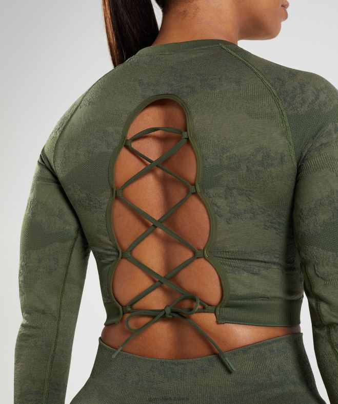 Gymshark Adapt Camo - Haut sans couture à lacets dans le dos olive mousse/olive noyau femmes 6HF28452