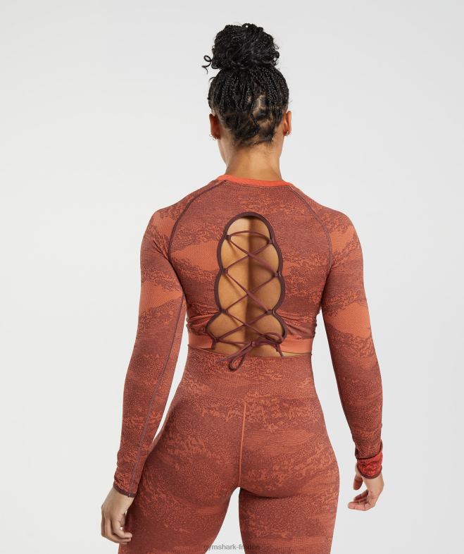 Gymshark Adapt Camo - Haut sans couture à lacets dans le dos rouge orage/marron cerise femmes 6HF28449