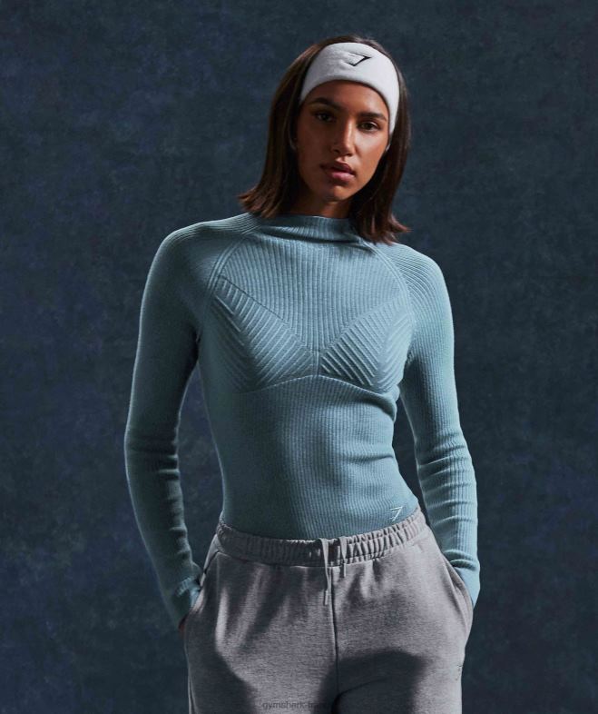 Gymshark pause - haut à manches longues en tricot bleu carbonisé/bleu apprivoisé femmes 6HF28446