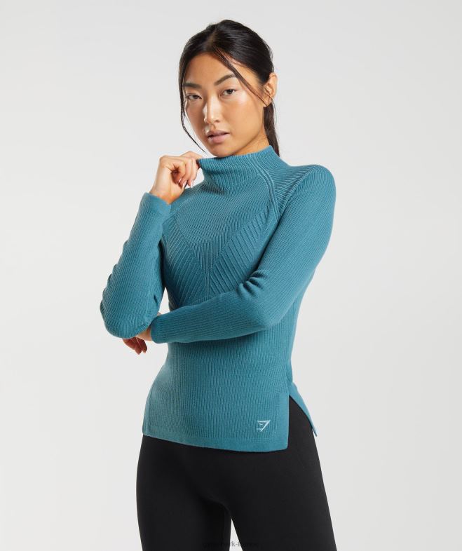 Gymshark pause - haut à manches longues en tricot bleu carbonisé/bleu apprivoisé femmes 6HF28446