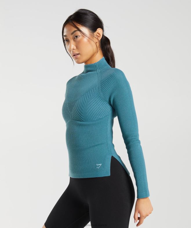 Gymshark pause - haut à manches longues en tricot bleu carbonisé/bleu apprivoisé femmes 6HF28446