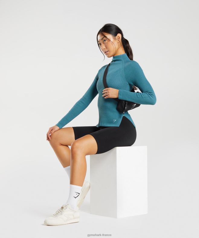 Gymshark pause - haut à manches longues en tricot bleu carbonisé/bleu apprivoisé femmes 6HF28446