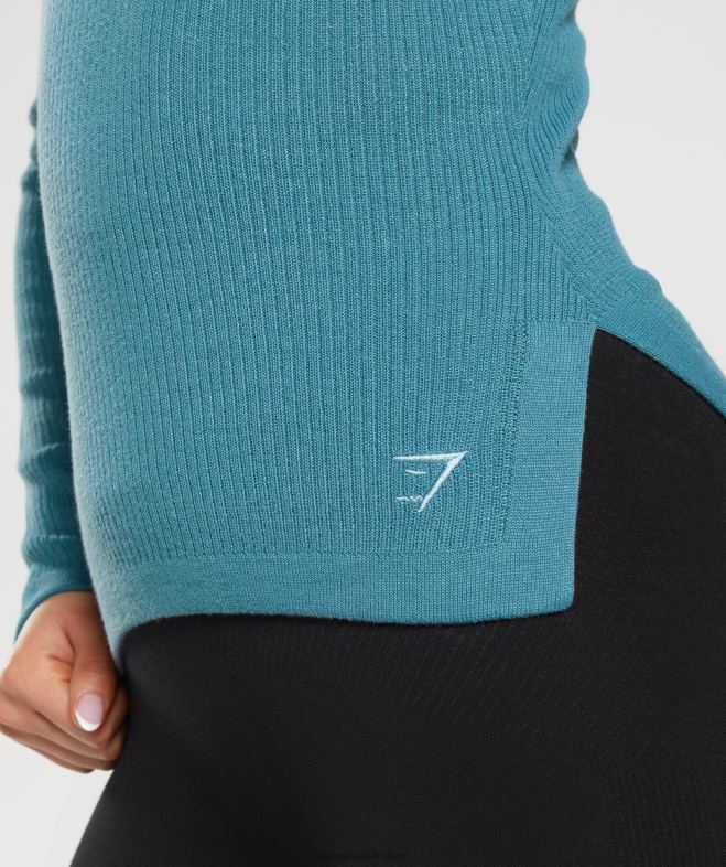 Gymshark pause - haut à manches longues en tricot bleu carbonisé/bleu apprivoisé femmes 6HF28446