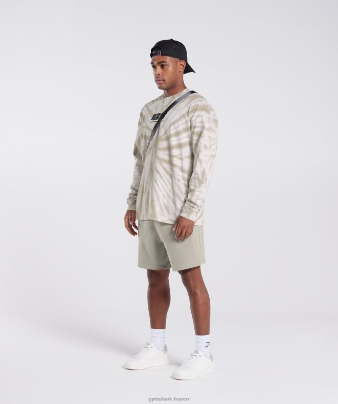 Gymshark t-shirt à manches longues jour de repos blanc/marron champignon/lavage optique spirale Hommes 6HF28570