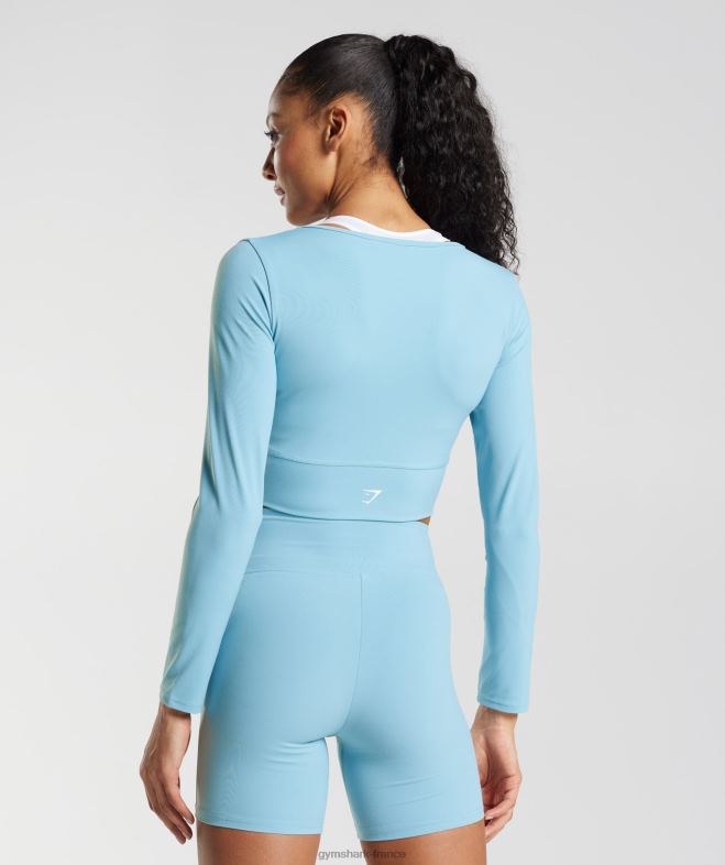 Gymshark top court croisé à manches longues bleu iceberg femmes 6HF28436