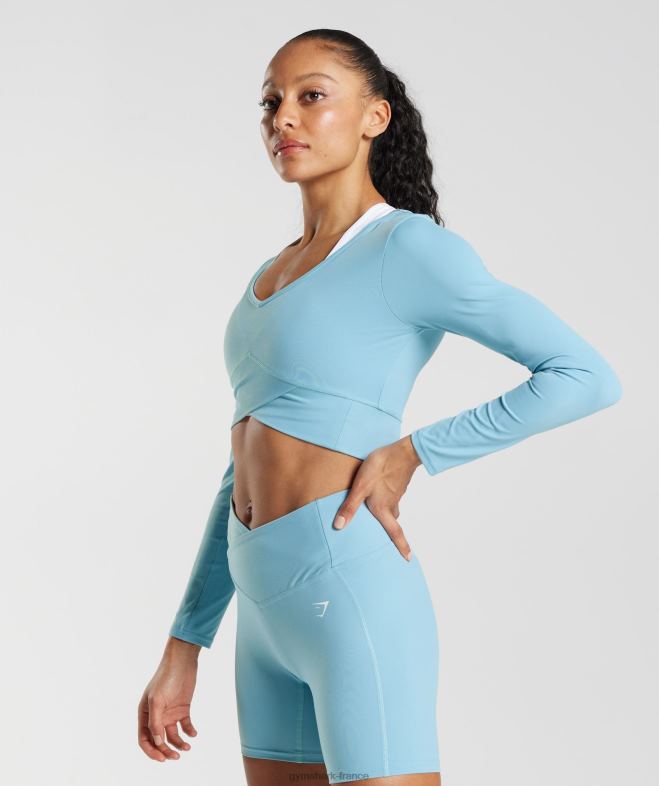 Gymshark top court croisé à manches longues bleu iceberg femmes 6HF28436