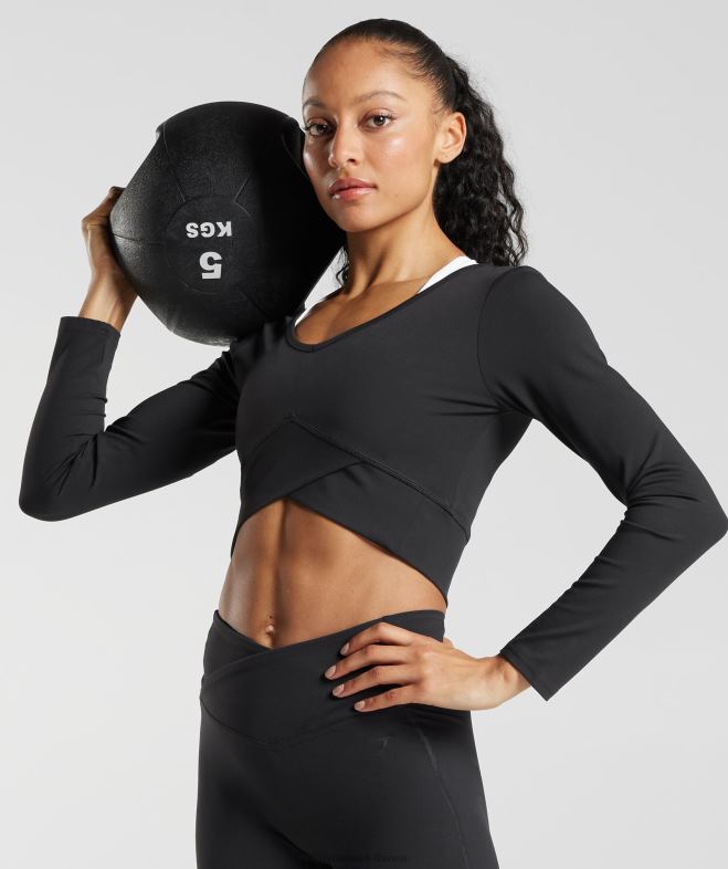 Gymshark top court croisé à manches longues noir femmes 6HF28498