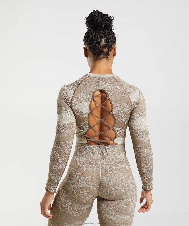 Gymshark Adapt Camo - Haut sans couture à lacets dans le dos gris galet/marron âme femmes 6HF28458