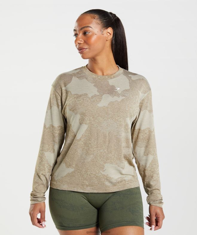 Gymshark adapt camo - haut à manches longues sans couture gris galet/marron âme femmes 6HF28477