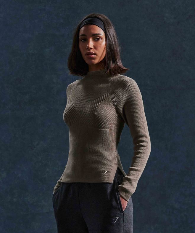 Gymshark pause - haut à manches longues en tricot marron ciment/gris galet femmes 6HF28441