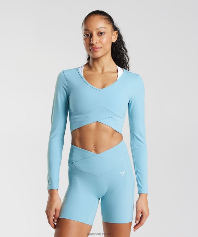 Gymshark top court croisé à manches longues bleu iceberg femmes 6HF28436