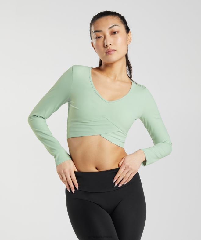 Gymshark top court croisé à manches longues brume verte femmes 6HF28454